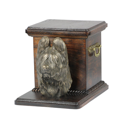 Wood casket cremation urn for dog’s ashes. Memorial urn with standing statue of Briard Dog  (23) - unique.urns_caskets