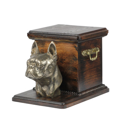 Wood casket cremation urn for dog’s ashes with standing statue Boston Terrier (19) - unique.urns_caskets