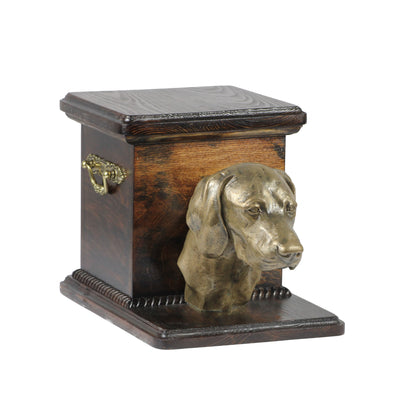 Beautiful  wood casket cremation  urn for dog’s ashes with  standing statue Weimaraner (87)