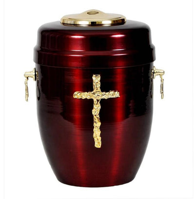 Beautiful Red Metal Cremation Urn for Ashes - Gold Cross. Funeral Urn For Adult (M51)
