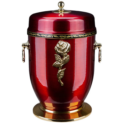 Beautiful Red Metal Cremation Urn for Ashes -Gold Rose Funeral Urn For Adult (M71B)