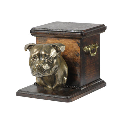 Beautiful  wood casket cremation  urn for dog’s ashes with  standing statue  Staffordshire Bull Terrier (84) - unique.urns_caskets