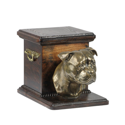 Beautiful  wood casket cremation  urn for dog’s ashes with  standing statue  Staffordshire Bull Terrier (84) - unique.urns_caskets