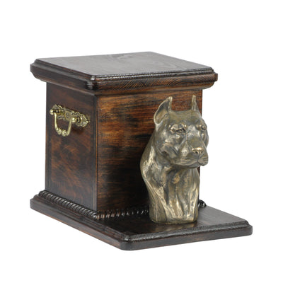 Beautiful  wood casket cremation  urn for dog’s ashes with  standing statue American Staffordshire Terrier (7) - unique.urns_caskets