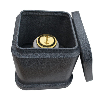 Vault for an urn, a container for a cremation urn to be buried in the ground. Capsule for an urn.