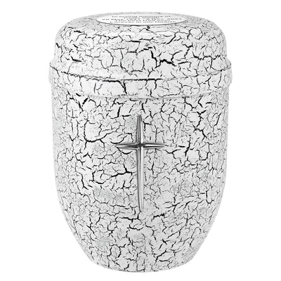 White Metal Cremation Urn For Adult Ashes, Art Cremation Urn - cracked effect paint.